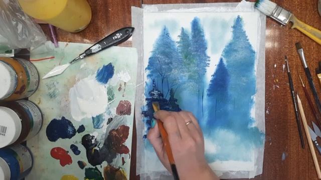 Как легко нарисовать зимний пейзаж. Как нарисовать зиму гуашью. Как нарисовать пейзаж. Зима в лесу.