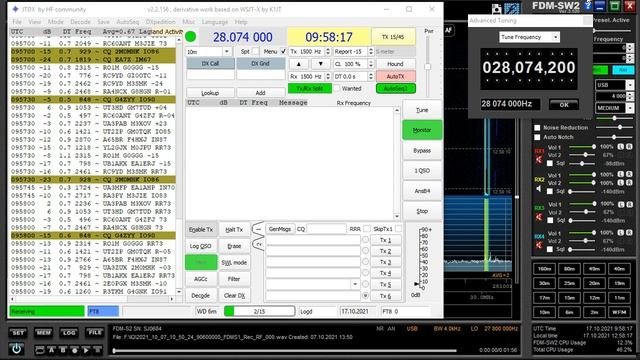 17.10.2021 09:56UTC, [Test, 10m], Использование JTDX  в любительском диаапзоне 10 метров, 28074кГц.