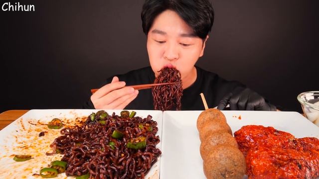 MUKBANG ASMR | FIRE BLACK BEAN NOODLES & FRIED CHICKEN & CHEESE BALLS, SAUSAGE 불타는고추짜장과 불닭 양념치킨 먹방