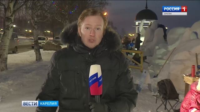 Работа над скульптурами из льда и снега началась на набережной Онежского озера