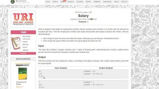 URI Online Judge Solutions in Java - Problem 1008