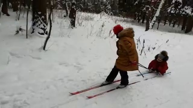 Лиза тащит Соню на лыжах смотреть онлайн