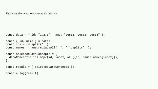 JavaScript map two comma separated strings to array of object