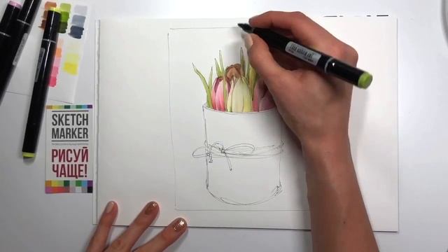 Весенние цветы маркерами | Flowers sketch drawing with markers