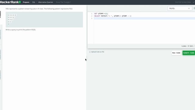 Hackerrank SQL Solution #2 Advanced SQL - Draw The Triangle 1