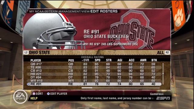 NCAA Football 08 Ohio State Buckeyes Overall Player Ratings