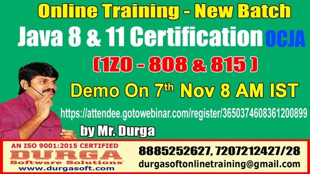 Java Certification 8 & 11 OCJA (1Z0 - 808 & 815 ) Online Training by Durga sir on 7th Nov @ 8 AM IS смотреть онлайн