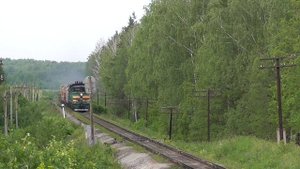 Тепловоз 2ТЭ10М-0821 с составом путевой техники на перегоне Шарлово - Вешкайма
