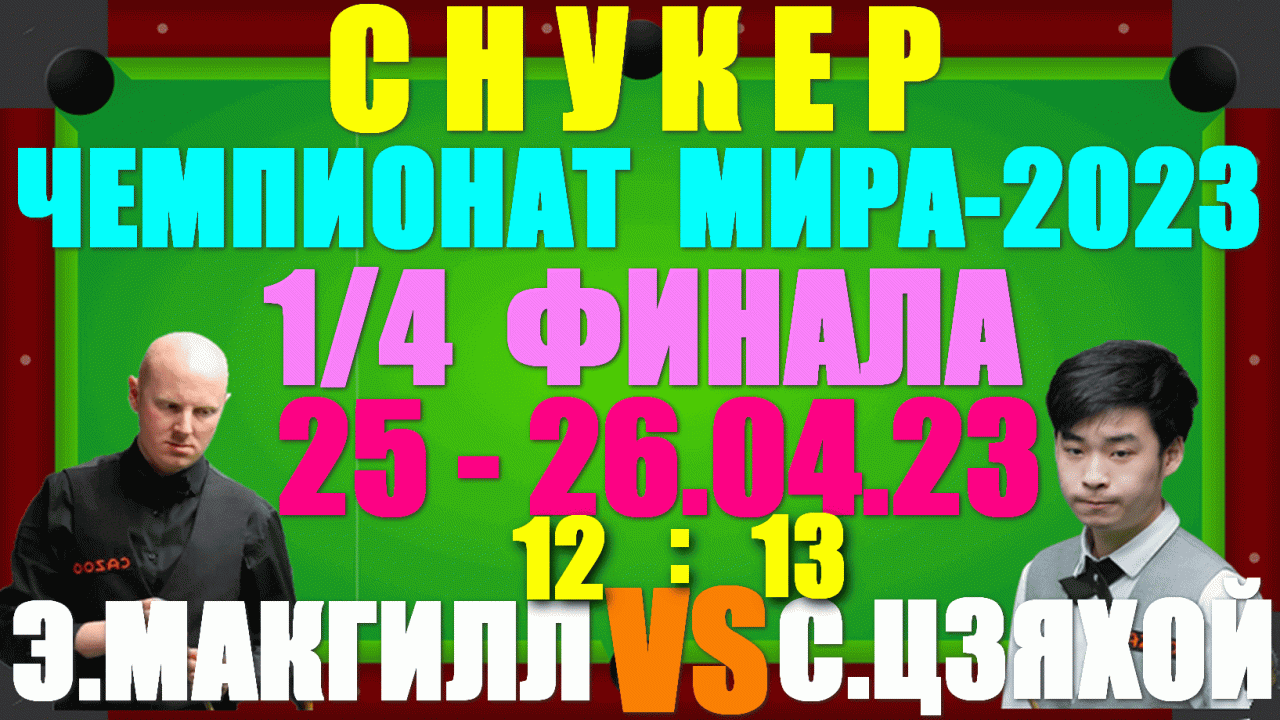 Снукер/Snooker: Чемпионат Мира-2023. 1/4 финала: 25-26.04.23. Энтони МакГилл 12:13 Сы Цзяхой