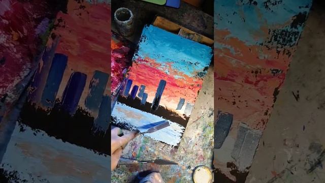 Рисуем ночной город маслом и мастихином / Рисуем городской пейзаж / Масляная живопись для начинающи