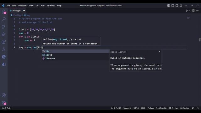 Python program to find the sum and average of the list. #python #coding #newvideo