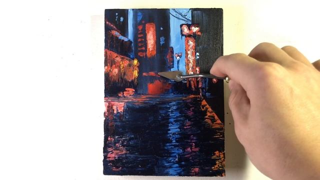 Как нарисовать дождливый ночной город с яркими огнями. Картина маслом. Пейзаж. Мастихин