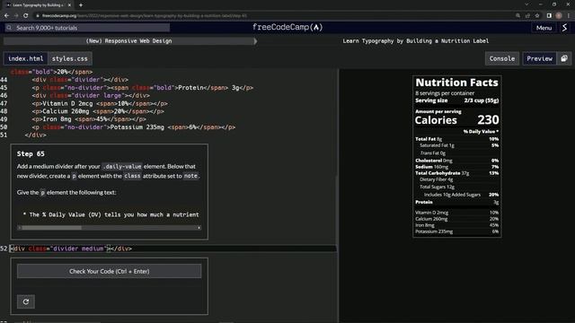 learn2code | freeCodeCamp (New) Responsive Web Design  -  Building a Nutrition Label: Step 65