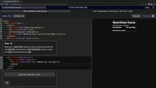 learn2code | freeCodeCamp (New) Responsive Web Design  -  Building a Nutrition Label: Step 33