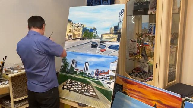 Город Воинской Славы Грозный, улица С.Ларсанова и шахматный дворик маслом на холсте (2-этап).