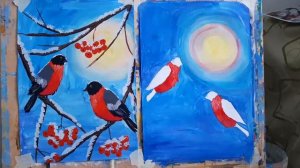 Рисуем  гуашью снегирей на ветке