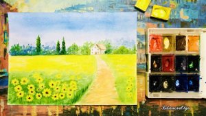 #как_рисовать_акварелью пейзаж летний с подсолнухами . #акварель