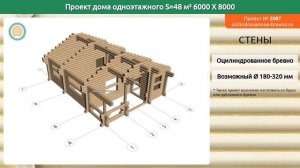 Проект дома № 2087 в один этаж 48 м2 6 X 8 из оцилиндрованного бревна