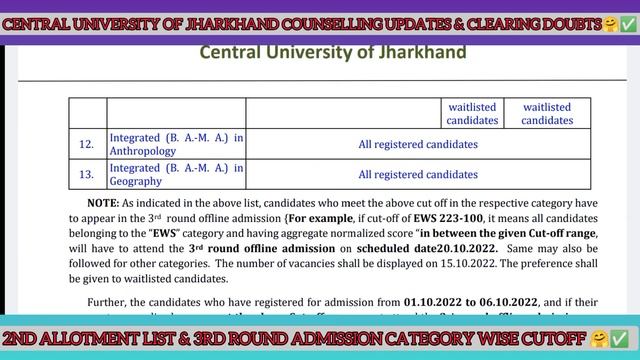 CUJ 3rd Cut off List Out ?✅ CUJ 2nd Allotment List  Central University of Jharkhand Counselling 202