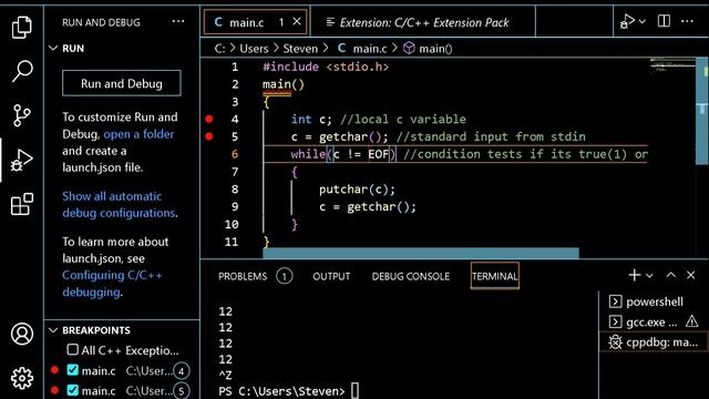 C Programming - EOF while loop getchar putchar int long printf