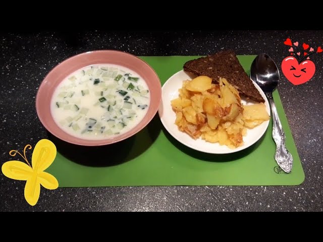 Окрошка на сыворотке. Гарнир - жареная картошечка на сале #еда #видео #окрошка #сало #картошка #суп