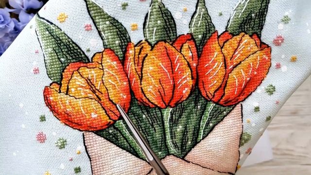 89. Вышивка крестом. Готовая работа "Тюльпаны" по авторской схеме+ подготовка к новому процессу. смотреть онлайн