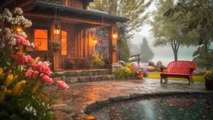 Spring Rain on Cozy Cabin Porch with Relaxing Fireplace, Rain sounds Ambience for Study or Sleep