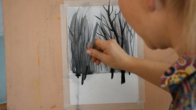 Утро в туманном лесу. Техника гризайль. Акварель.