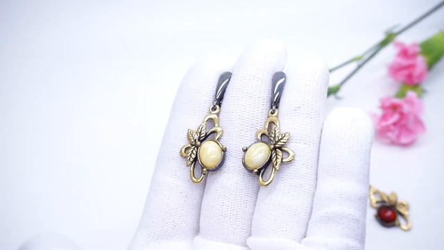 Серьги "Янина" бронза янтарь чернение посеребрение цветы сережки с подвесками 3850 Хорошие Вещи