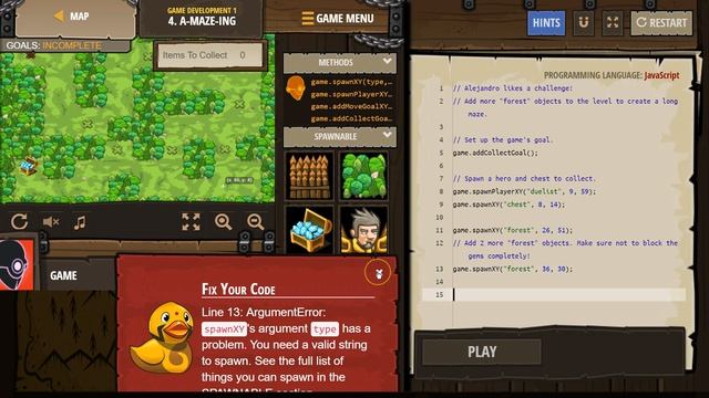 CodeCombat A-maze-ing Level 4 - Game Development Tutorial with Answers in JavaScript