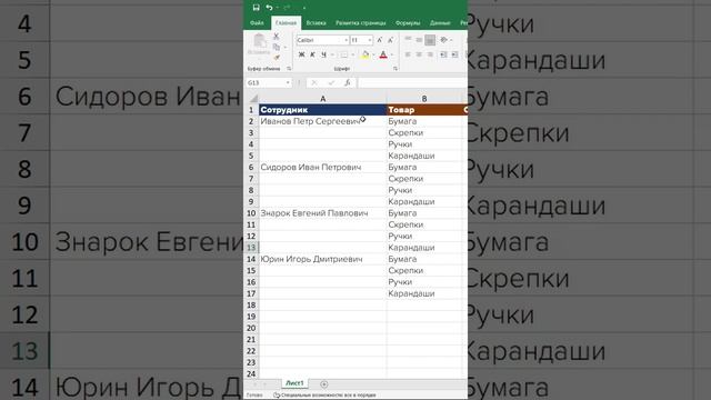 Автоматическое заполнение пустых ячеек в Excel