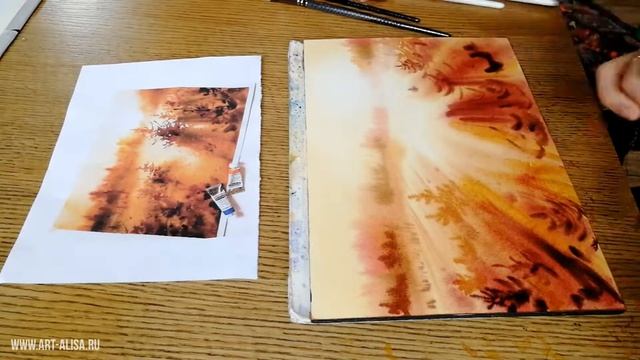 Алиса Канцибер. Закат, елки, туман акварелью смотреть онлайн