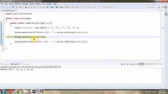 How to use fill(char[] a, char val) method of Java.util.Arrays Class?