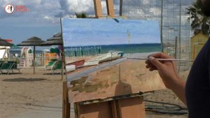 Художник Борис Коган. Пейзаж "Пляж города Риччоне" Картина маслом. Пленэр