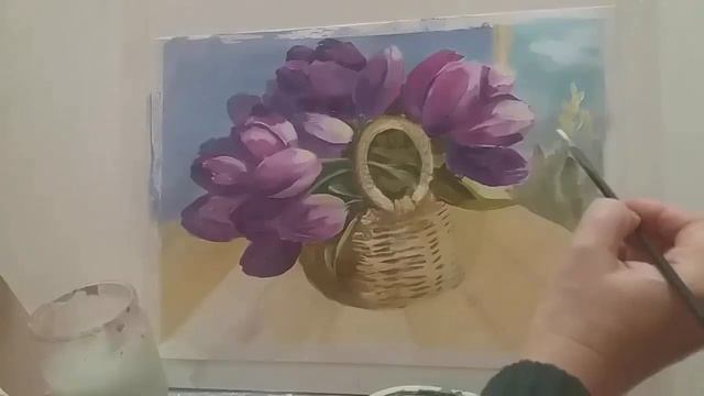 Тюльпаны для мамы .Живопись.МК.Натюрморт с цветами гуашью.Как пишутся авторские картины.Все секреты