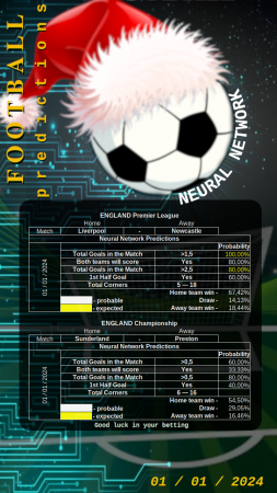 Прогнозы на футбольные матчи 01/01/2024: ENGLAND Premier League, ENGLAND Championship