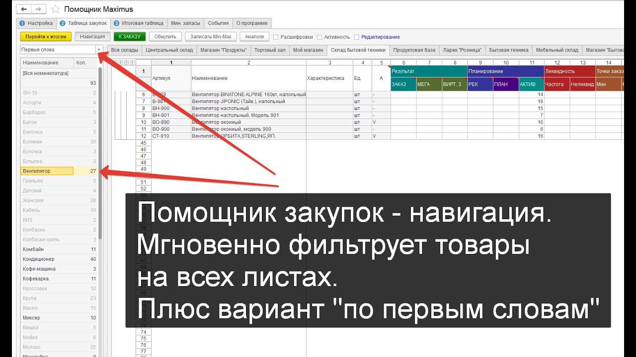 Просмотри списка товаров к закупке в 1С смотреть онлайн