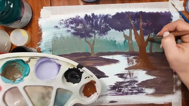 Как нарисовать яблоневый сад гуашью. Рисуем цветущие яблони. Рисуем пейзаж поэтапно. Пейзаж легко. смотреть онлайн