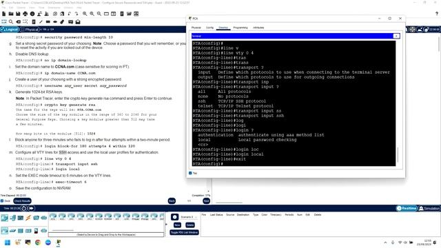 CCNAv7 ITN - 16.4.6 Packet Tracer – Configure Secure Passwords and SSH