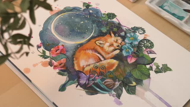 Рисуем иллюстрацию с лисичкой в смешанной технике акварель+гуашь / Fantasy Art смотреть онлайн