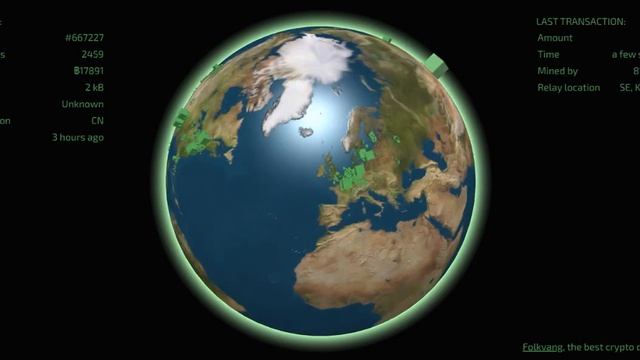 Вращающейся глобус, который демонстрирует блоки и транзакций биткоина в реальном времени. смотреть онлайн