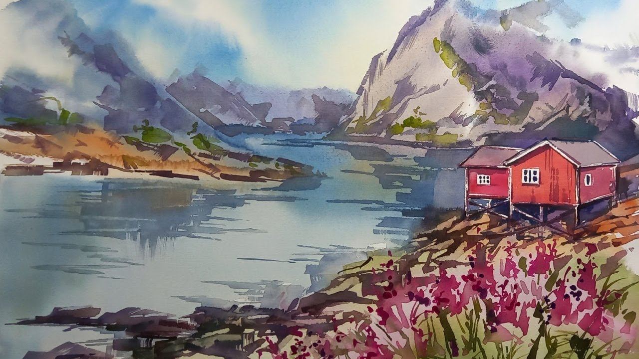 Норвежское лето, акварель, фрагмент смотреть онлайн
