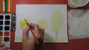 Рисуем осенний пейзаж восковыми мелками и акварелью