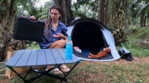 YOUNG GIRL SOLO OVERNIGHT CAMPING IN FOREST - beauty take a shower under palm tree - ASMR nature