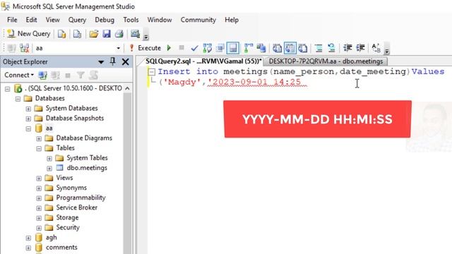 How to create a table containing field datetime and insert data(PM-AM) into it in SQL server