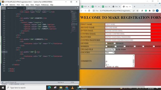 COMPLETE REGISTRATION FORM WITH COMMENTS TAGS AND SUBMIT RECORD TAGS AND RESET OPTION|HTML|CSS