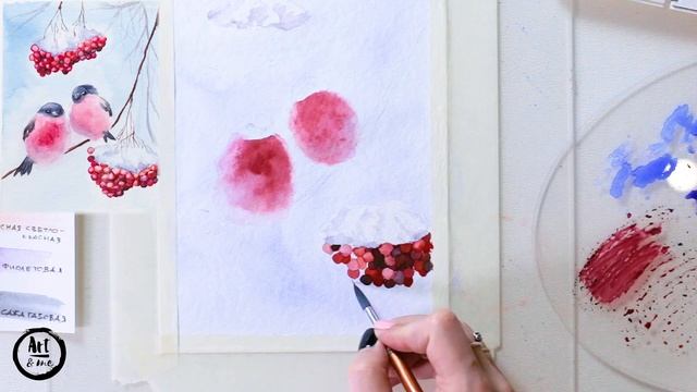 Акварельный зимний сюжет "Снегири". Подробный онлайн урок по акварельной живописи.