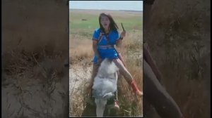 Girl rides her sheep 1