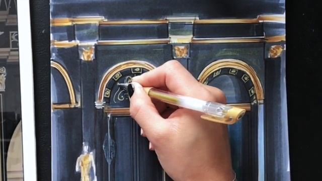 Рисунок черного интерьера с золотой лепниной
