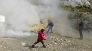 Steaming fumaroles, Solfatara - tour guide generates even more steam.